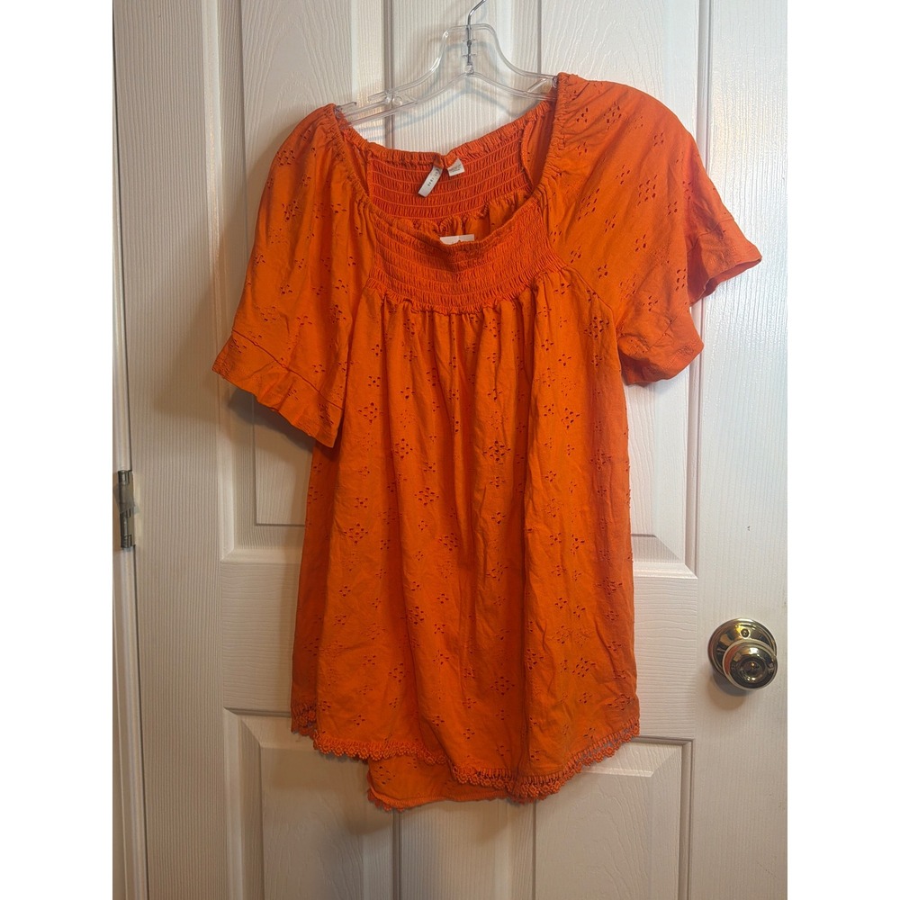 Est. 1946 Women Orange Eyelet Smocked‎ Neck Short Sleeve Top 14/16W NWT